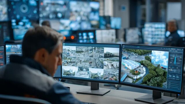 Medium shot of a security operator overseeing connected surveillance cameras and access controls through an IoT building management interface.