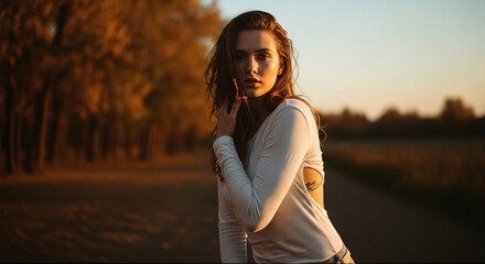 Thoughtful Woman Standing Outdoors at Golden Hour
