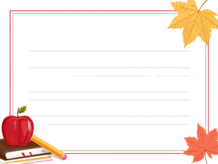 Blank school report/certificate.  Red frame, autumn leaves, apple and pencil, lined paper