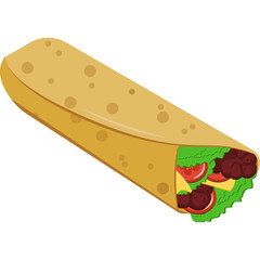 Isometric illustration of a burrito with lettuce tomato cheese and meat filling on a transparent background