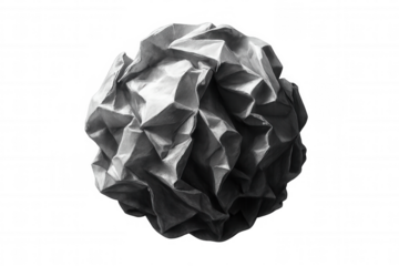 Crumpled paper ball creating abstract texture, representing waste, mistakes, and discarded ideas on transparent background
