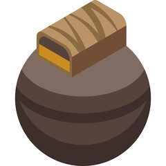 Isometric illustration of a chocolate candy bar with caramel filling resting on a brown spherical object against a transparent background