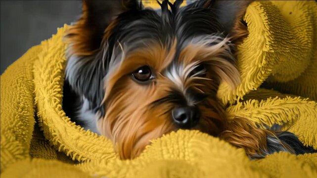 A small dog is sleeping on a yellow blanket. The blanket is folded and has a fuzzy texture