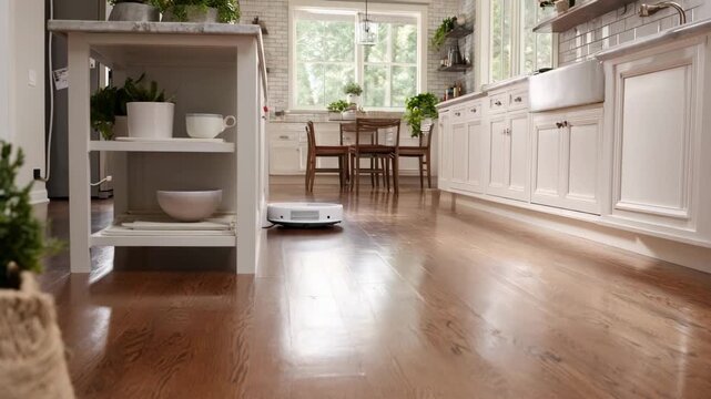 Intelligent mop robot glides over hardwood floors utilizing smart water control and precision cleaning patterns for streakfree shine in bright kitchen environment.