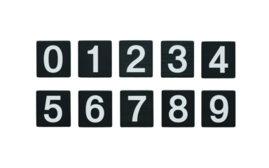 White numerals on black tiles, from zero to nine, perfect for counting, education, and design projects