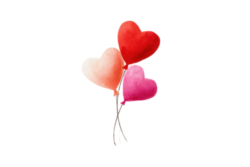 Three heart-shaped balloons in varying shades of red and pink