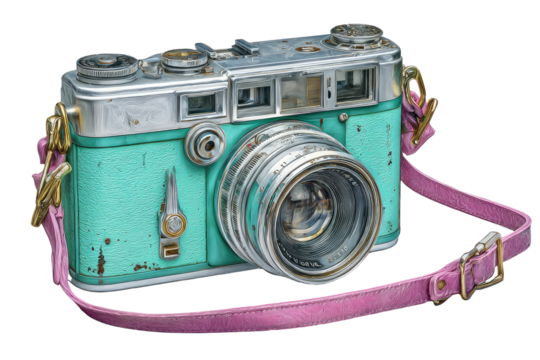 Vintage Teal Camera with Pink Strap