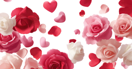 A flurry of roses and hearts in varying shades of pink and red, against a black backdrop.  Petals are detailed, with a soft, almost 3D appearance.  The hearts and roses are outlined