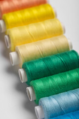 Set of different thread spools on white background, closeup