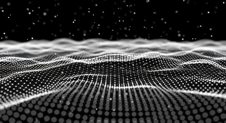Abstract wavy grid of white dots on a black background with white specks resembling stars.
