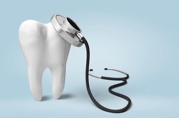 Dentist teeth model and tools on background