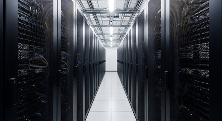 A corridor in a data center with rows of servers and overhead cable trays, illuminated by bright lights.