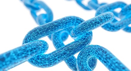 Close-up of a blue chain link, digitally rendered with a network of connected lines, against a white background.