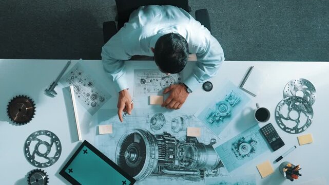 Top down view of skilled engineer writing and planning turbine engine design while sitting at meeting table with gear and electronic generator scatter around. Technician taking a note. Alimentation.