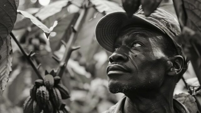A man stands amidst a thicket of foliage and cocoa pods, focused on his task.