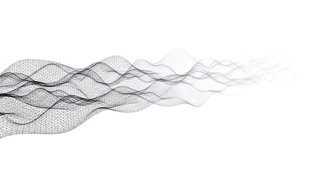 Abstract flowing mesh pattern, dark to light gradient, creating a dynamic wave-like effect on a white background.