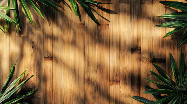 Lush tropical palm leaves framing a textured bamboo wood background with natural sunlight casting dynamic shadows, creating an exotic and serene natural backdrop