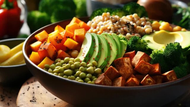 A vibrant and healthy vegetable salad with assorted colorful ingredients including avocado, broccoli, tomatoes, peas, and carrots.