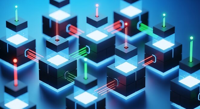 Abstract network illustration featuring interconnected cubes with glowing lights and connecting lines, suggesting data flow and connectivity. - Powered by Adobe
