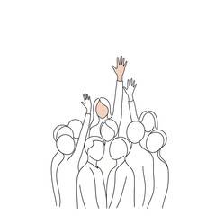 Crowd of people raising hands line art illustration isolated on white background minimalist design representing community, support, and participation with one hand highlighted
