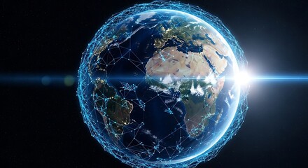 A digital representation of Earth surrounded by a network, highlighting global connectivity.