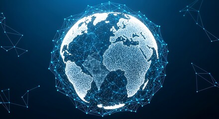 Digital globe illustration with interconnected network lines and nodes against a dark blue background.