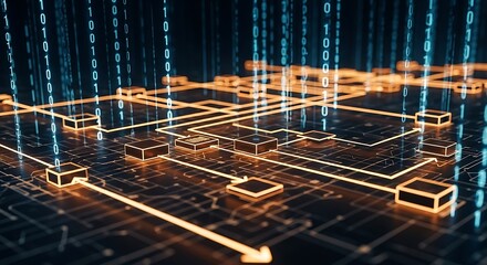 Abstract representation of data flow with glowing orange pathways and binary code overlay, suggesting connectivity and digital networks.