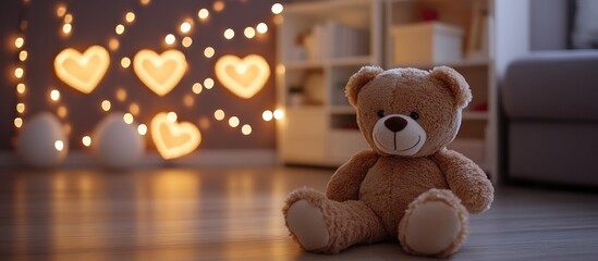 Charming teddy bear sitting on the floor, bathed in the warm glow of heart-shaped lights