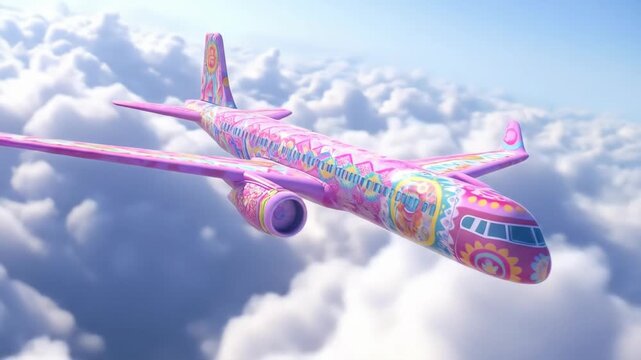 Whimsical airplane soars above the clouds on a bright day