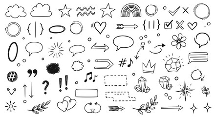 Сollection of various black doodle elements, manga-style illustration pictogram icon set. JPEG version.