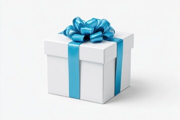 White gift box with blue ribbon and bow
