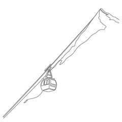 A minimalist line art illustration isolated on white background of a cable car ascending a mountain, showcasing the simplicity and elegance of a winter transport system