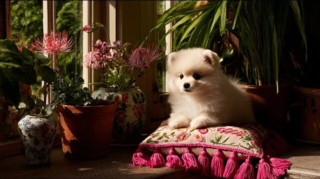 Fluffy pomeranian puppy resting on decorative cushion by plants in sunlight