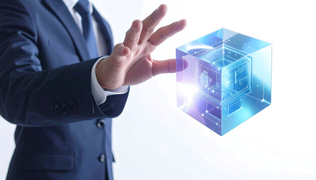 ガラス風ブロックチェーンキューブに触れるビジネスマンの手｜背景なし・透過PNG・コピースペース