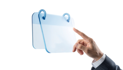 透明感のある3Dガラスカレンダーアイコンをビジネスマンが操作するシーン｜背景なし・透過PNG・コピースペース