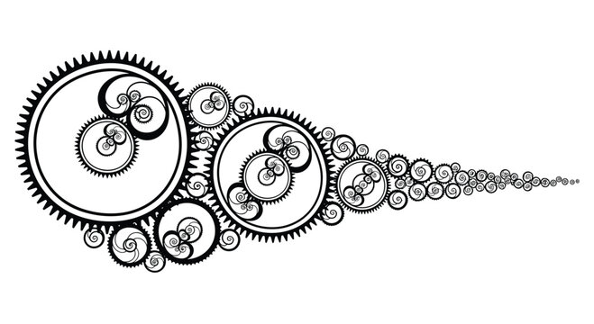 Intricate gear system illustration for engineering projects or abstract designs, perfect for industrial themes or creative backgrounds, clean black and white