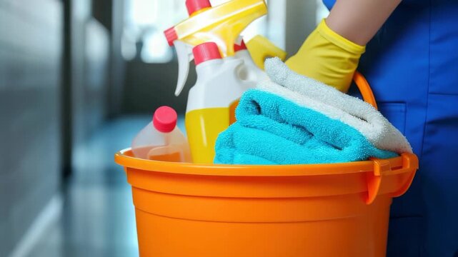 A person is holding a bucket with cleaning supplies in it. The bucket is orange and has a yellow bottle in it