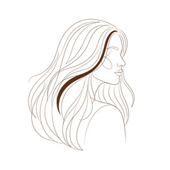 Elegant line art illustration of a womans profile with flowing hair and a brown highlight, isolated on white background minimalist design for beauty, fashion, and modern aesthetics