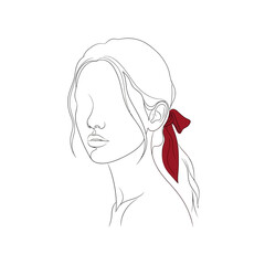 Elegant line art illustration of a womans profile with a red ribbon in her hair, isolated on white background minimalist design for beauty, fashion, and modern aesthetics