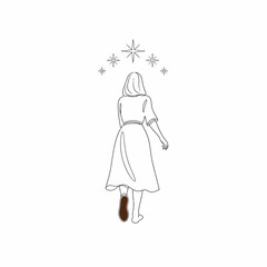 A woman in a dress walking towards the stars isolated on white background a minimalist line art illustration of a female figure with celestial elements, conveying a sense of journey and wonder