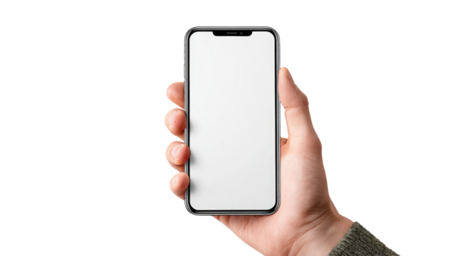 Smartphone held in hand, blank screen.  Hand holding a modern smartphone, display facing forward.  Gray/silver colored phone, white screen, in close-up view.  Casual, everyday scene
