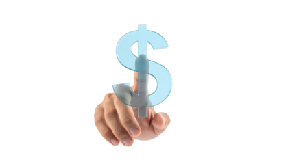 ビジネスマンが触れるガラス調ドルアイコン｜背景なし・透過PNG・コピースペース