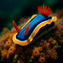 Vibrant Chromodoris Nudibranch Crawling on Deep-Sea Coral Reef