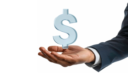 ビジネスマンが触れるガラス調ドルアイコン｜背景なし・透過PNG・コピースペース