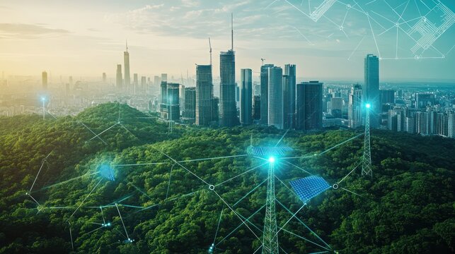 Innovative technology integration in urban green spaces cityscape digital art sunrise aerial view future concept