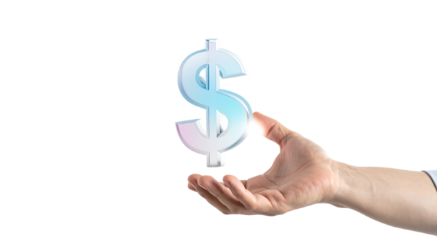 ビジネスマンが触れるガラス調ドルアイコン｜背景なし・透過PNG・コピースペース