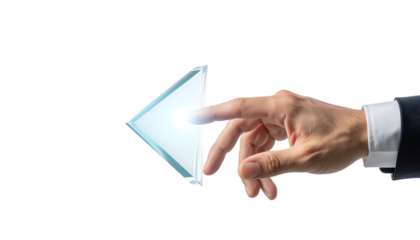 ビジネスマンの手が触れるガラス質感のダウンロードアイコン｜背景なし・透過PNG・コピースペース