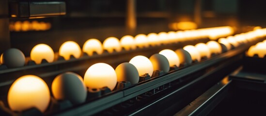 Automated egg candling, inspecting quality on a conveyor belt in a factory