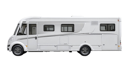 Side view of a white motorhome.  Modern,  high-roof design.  Multiple windows,  stylish profile