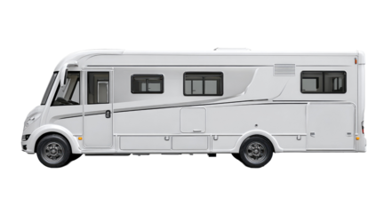 Side view of a white motorhome.  Modern,  high-roof design.  Multiple windows,  stylish profile